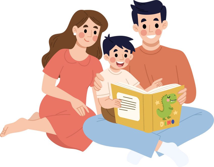 Parents reading books to kid, happy parenting,